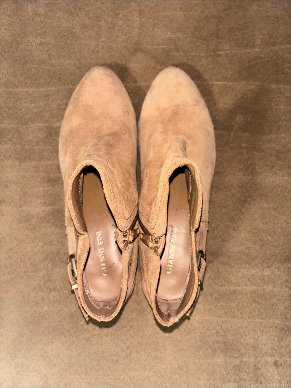 Gianni Bini Tan Suede Pointed Ankle Booties with Side Buckles and Zipper